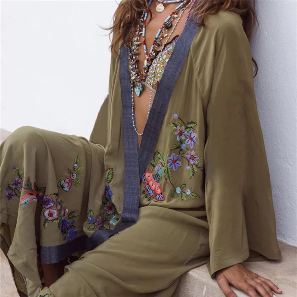 NEW Boho Gypsy Embroidered Robe Kimono Cover Up - Picture 2 of 7